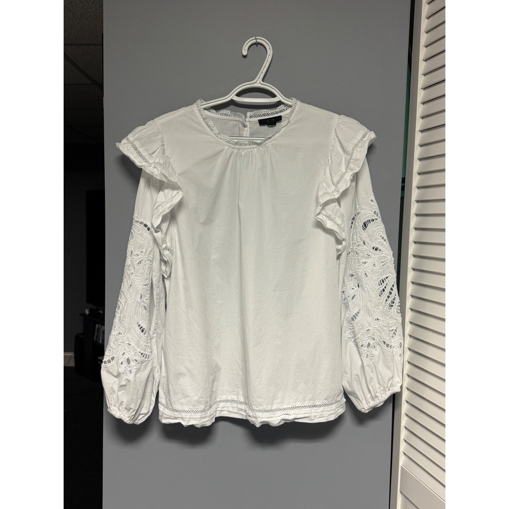 J.Crew‎ White Cotton Lace Trim Ruffle Sleeve Broderie Anglaise Blouse Top M